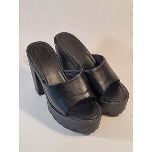 Women's Sandals Black Chunky Block High Heel Slip On Mules Size 9.5